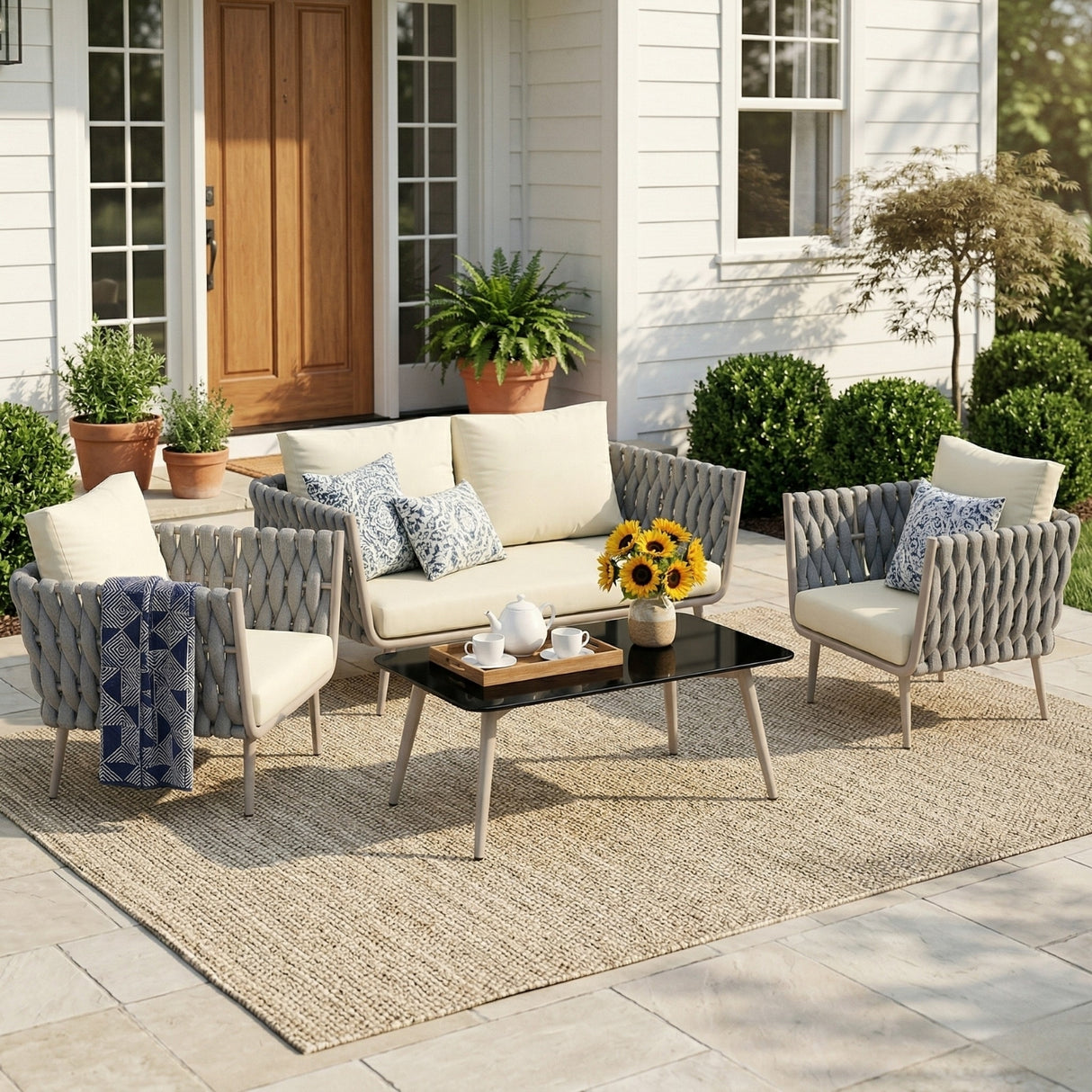 4-Piece Outdoor Rope Sofa Set With Glass Top Table (Grey & Cream)