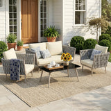 4-Piece Outdoor Rope Sofa Set With Glass Top Table (Grey & Cream)