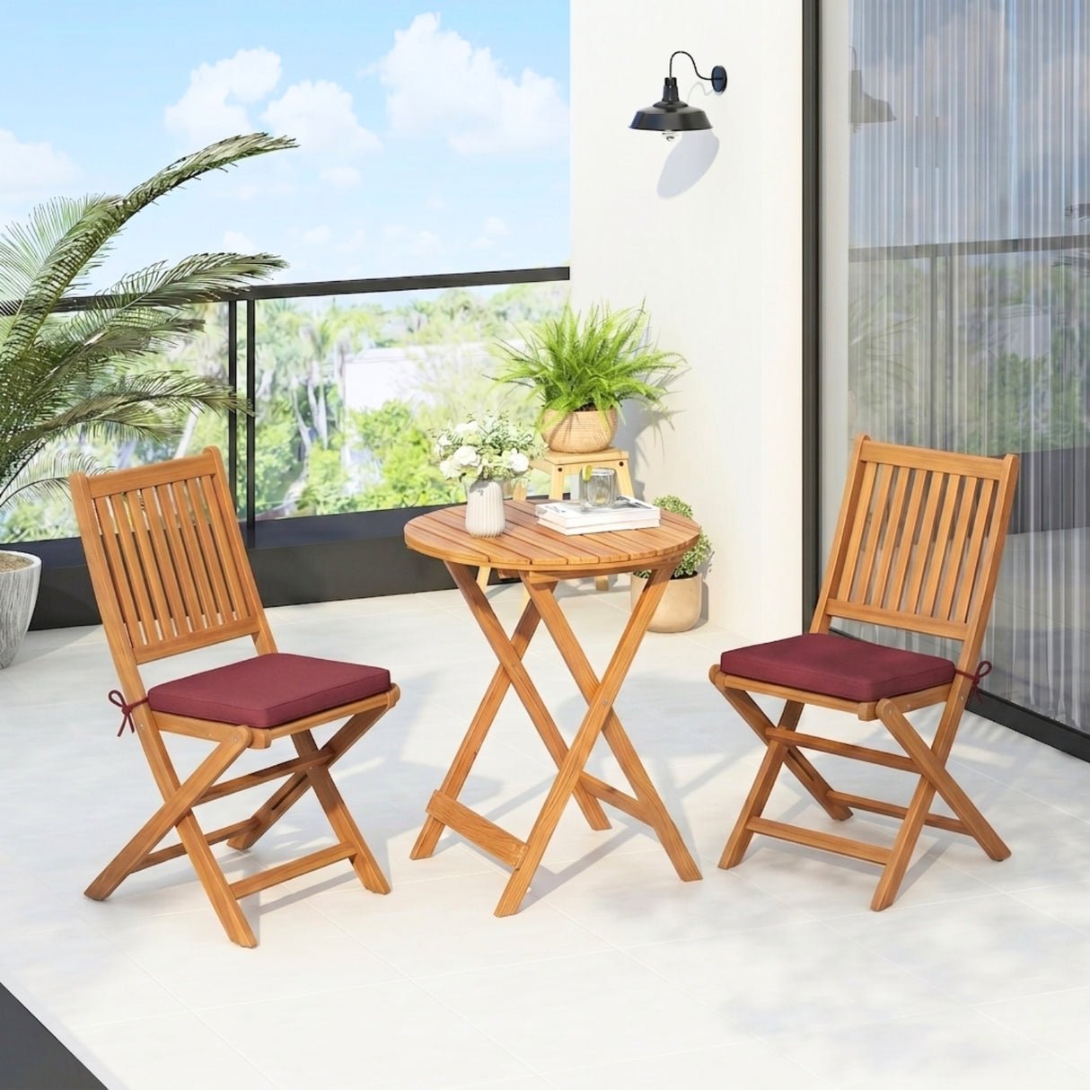 Acacia Wood Foldable Outdoor Bistro Set – 2 Chairs & Round Table