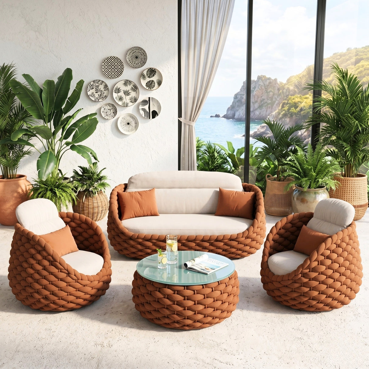 Outdoor Rope 5-Seater Sofa Set with Glass Top Center Table (Brown & Off-White)