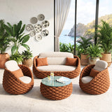 Outdoor Rope 5-Seater Sofa Set with Glass Top Center Table (Brown & Off-White)