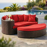 Outdoor Rattan Wicker Daybed (Dark Brown & Red)