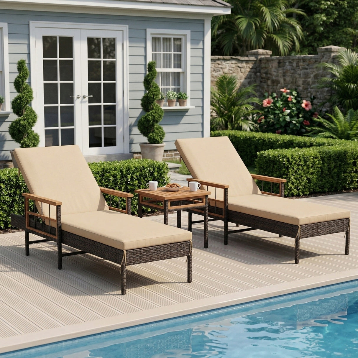 Outdoor Rattan Wicker Lounger Set with Sheesham Wood Top Table