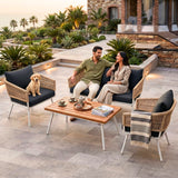 Outdoor Rope Sofa Set with Wooden Top Center Table (Beige & Black)