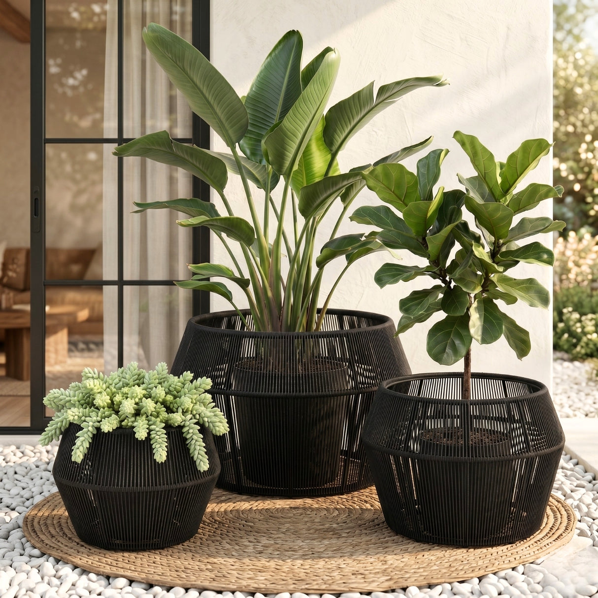Outdoor 3-Piece Round Rope Planters (Black)