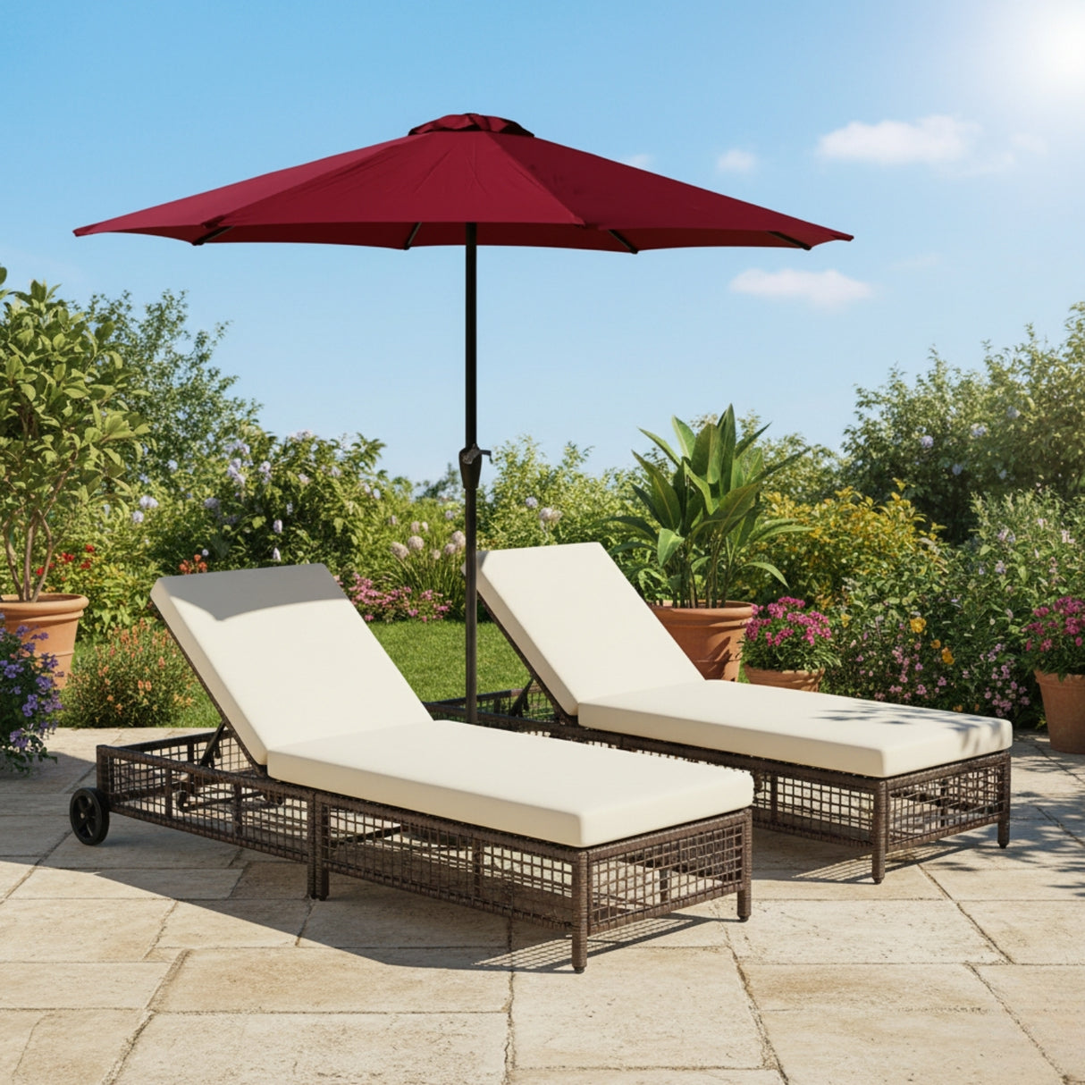 Outdoor Wicker Rattan Lounger Set of 2 with Patio Umbrella (Dark Brown & Off-White)