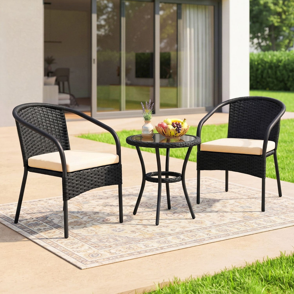 3 Piece Outdoor Wicker Patio Furniture Set (Black & Cream)