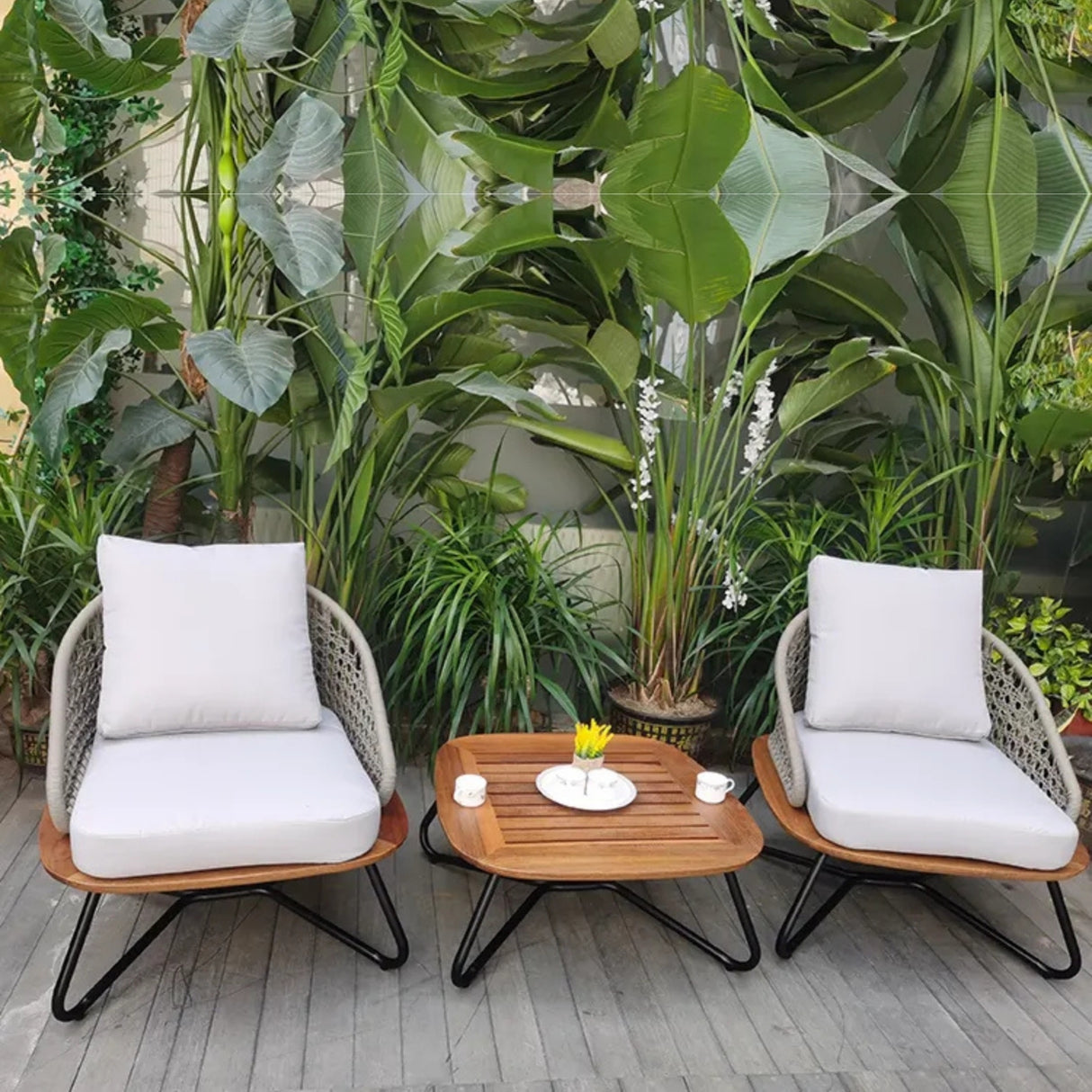Outdoor Rope 3-Piece Patio Set With Wooden Top Table
