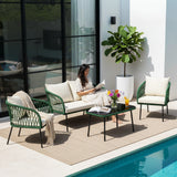 Outdoor Rope 4-Seater Sofa Set with Glass Top Table (Green & Off-white)