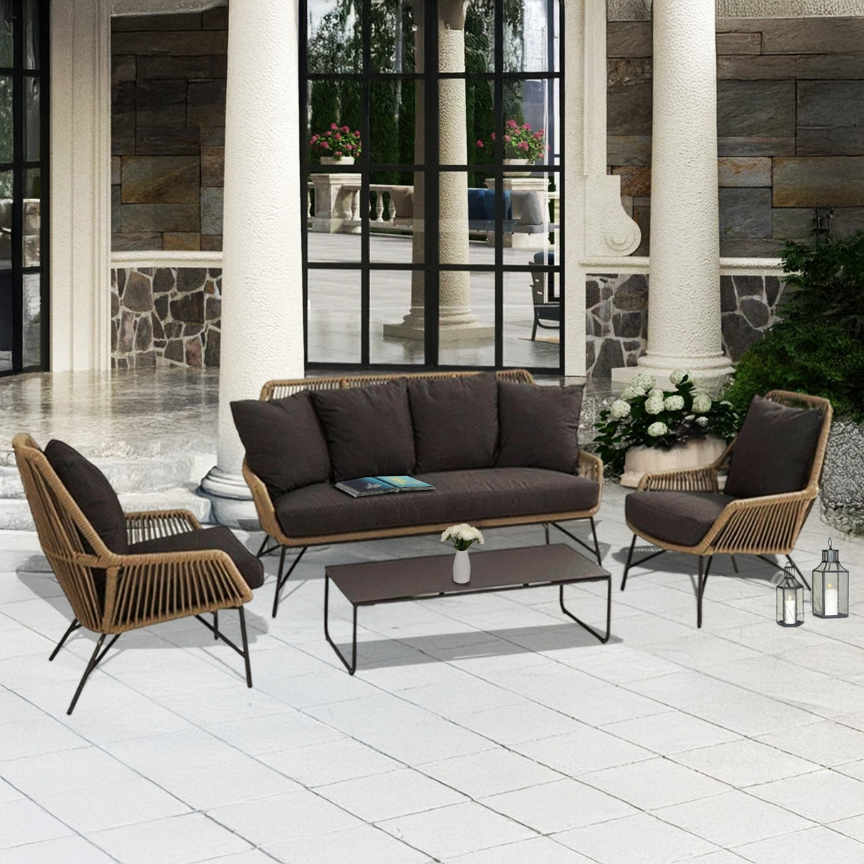 4-Piece Outdoor Rope Patio Conversation Loveseat Furniture