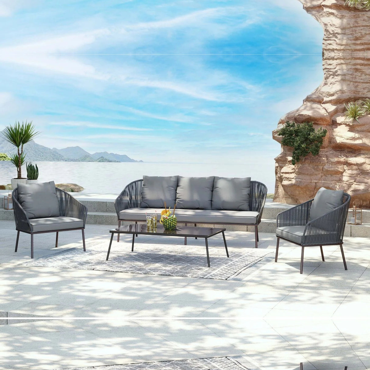 Outdoor Rope 5-Seater Patio Sofa Set with Glass Top Table (Grey)