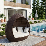 Outdoor Rattan Wicker Egg-Shaped Daybed (Dark Brown Wicker & Off-White)