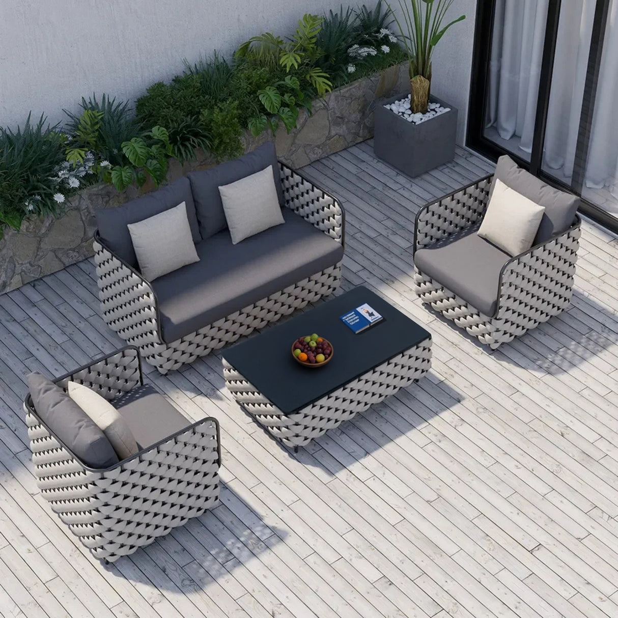 4 Piece Outdoor Rope Sofa Set with Glass Top Coffee Table (Light Grey & Dark Grey)