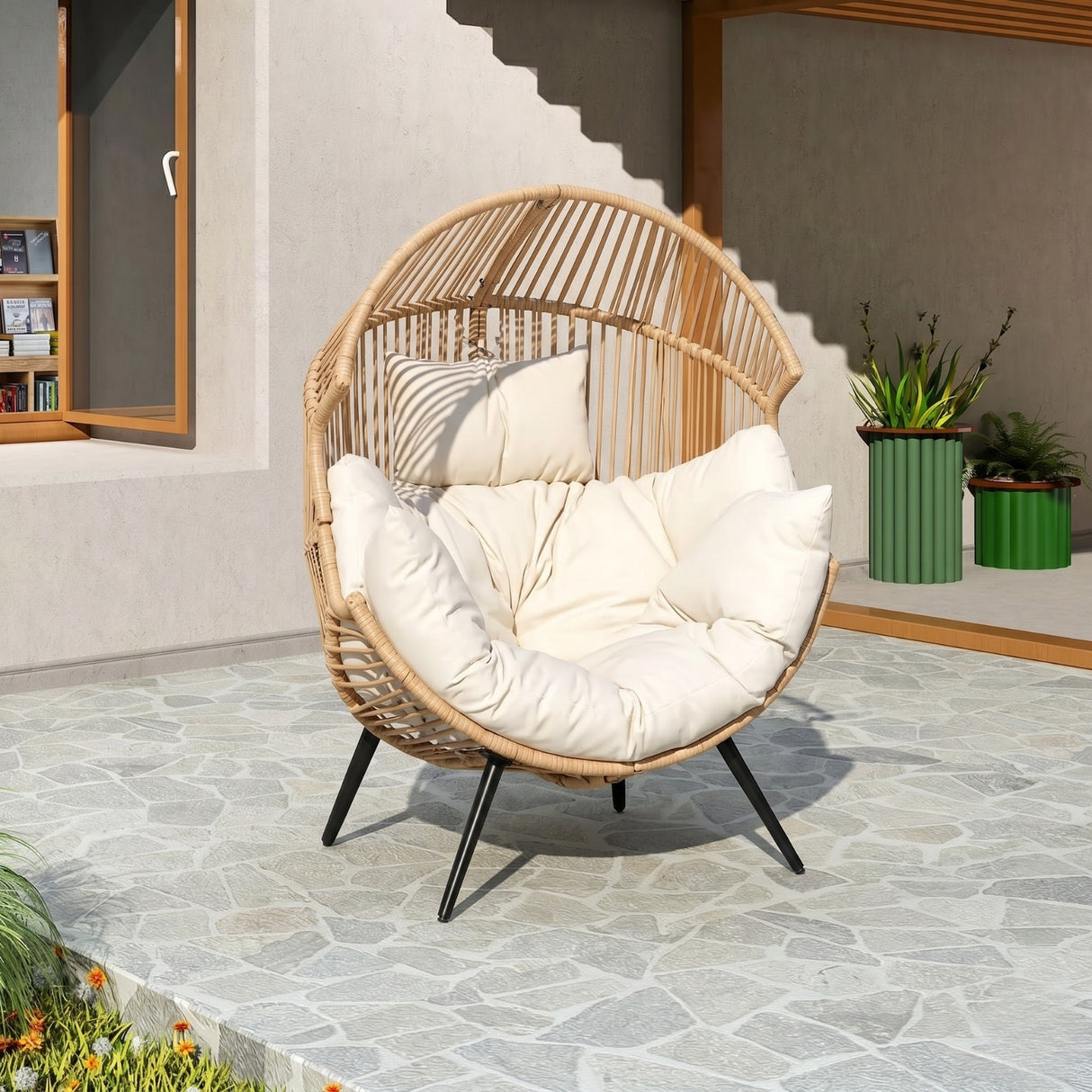 Outdoor Wicker Egg Chair with Plush Cushions (Beige & Off-White)