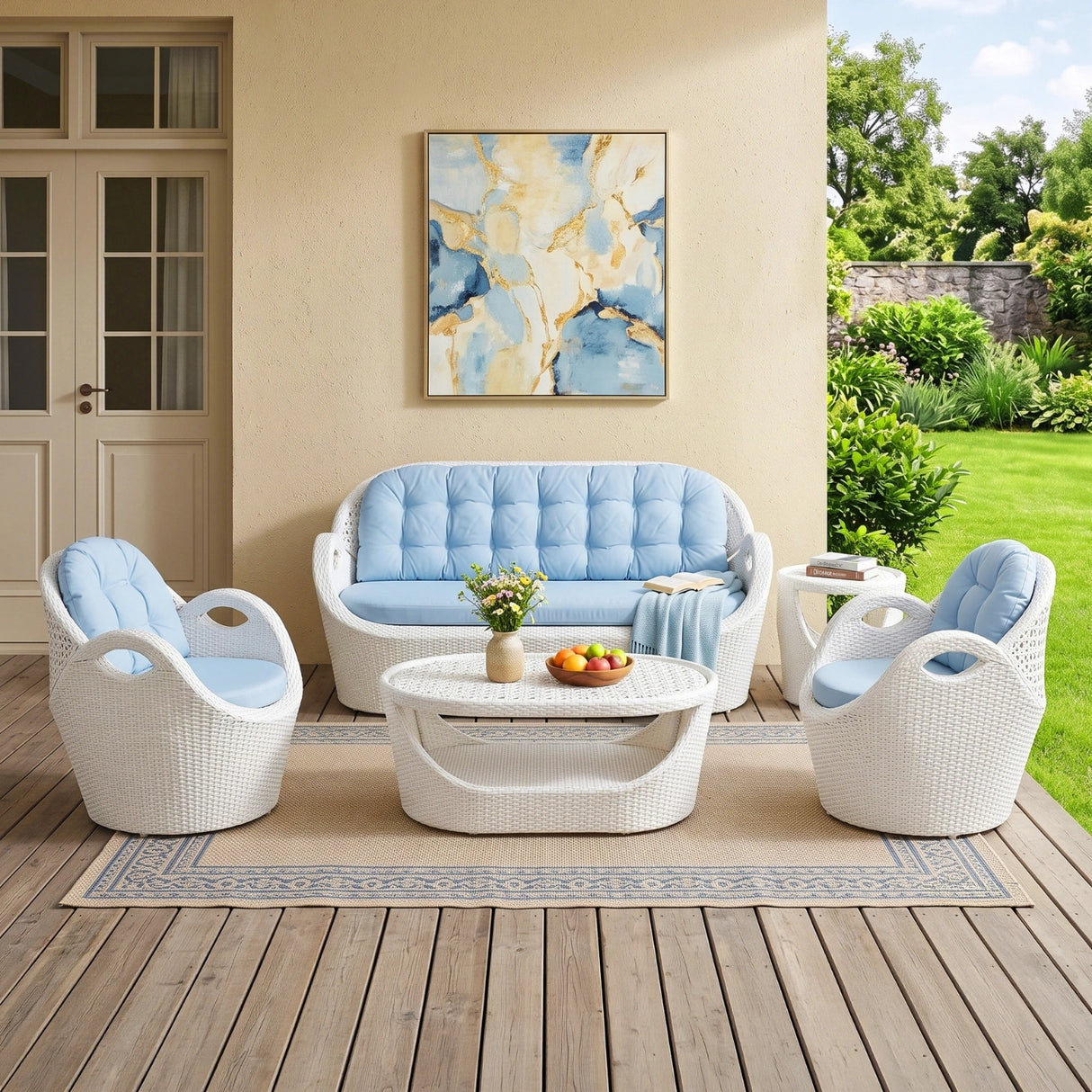 5-Seater Modern Design Outdoor Patio Furniture Set (White & Sky-blue)