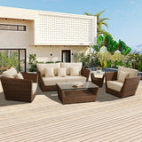 5-Piece Outdoor Wicker Sofa Set With 2-Tier Glass Top Tables