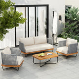 Outdoor 4-Piece Rope Woven Conversation Sofa Set with Wooden Top Table