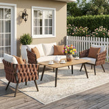 4-Piece Outdoor Rope Sofa Set With Glass Top Table (Brown & Off-White)