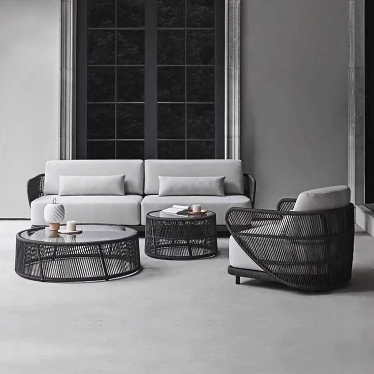 Outdoor Rope 4 Seater Sofa Set With Glass Top Tables