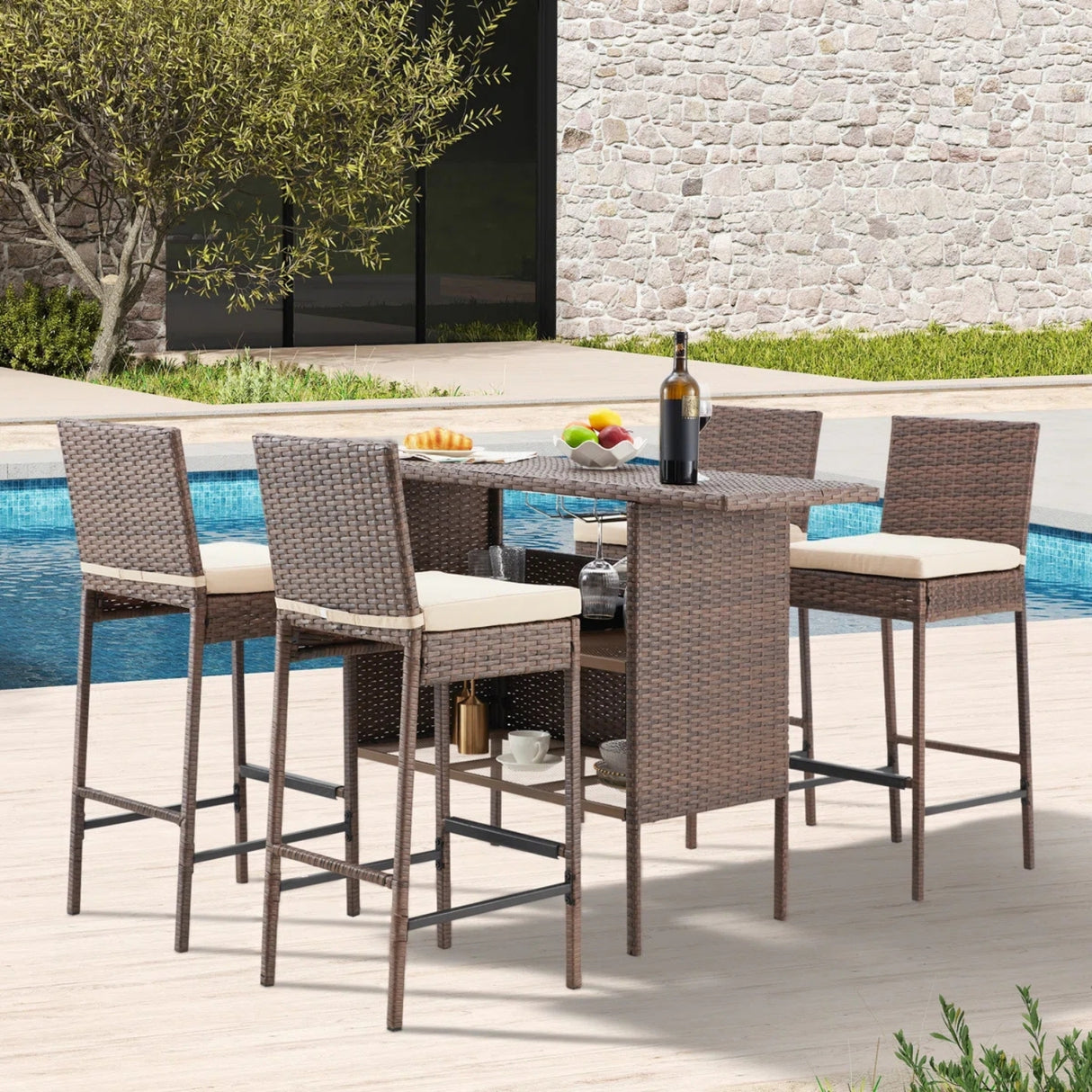 5-Piece Outdoor Rattan Wicker Bar Set with Wicker Top Table