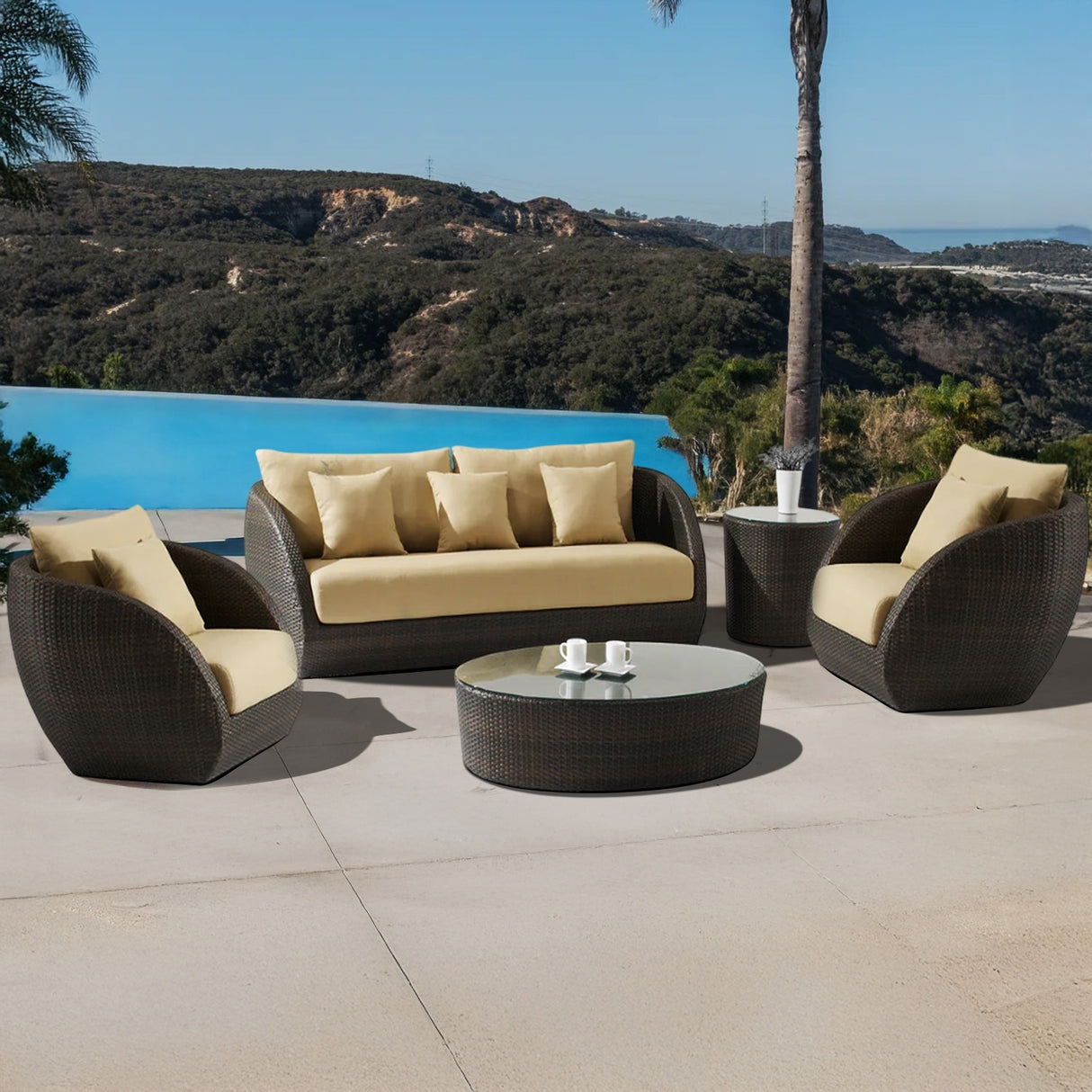 5-Piece Outdoor Wicker Sofa Set With Glass Top Tables