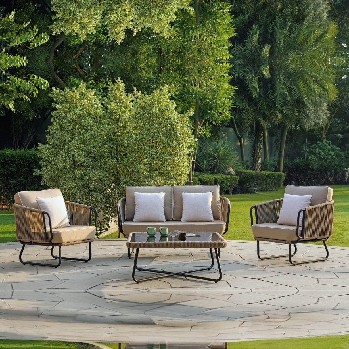 4-Piece Rope Sofa Set With Glass Top Table