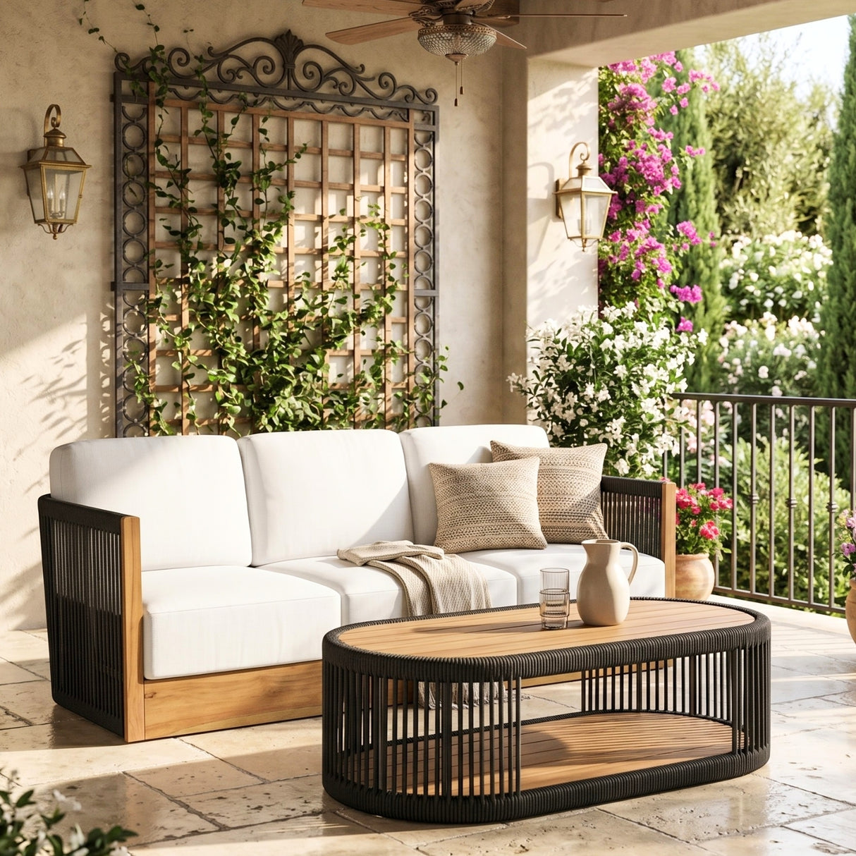 Outdoor Teak Wood Rope 3 Seater Sofa Set with 2-Tier Center Table