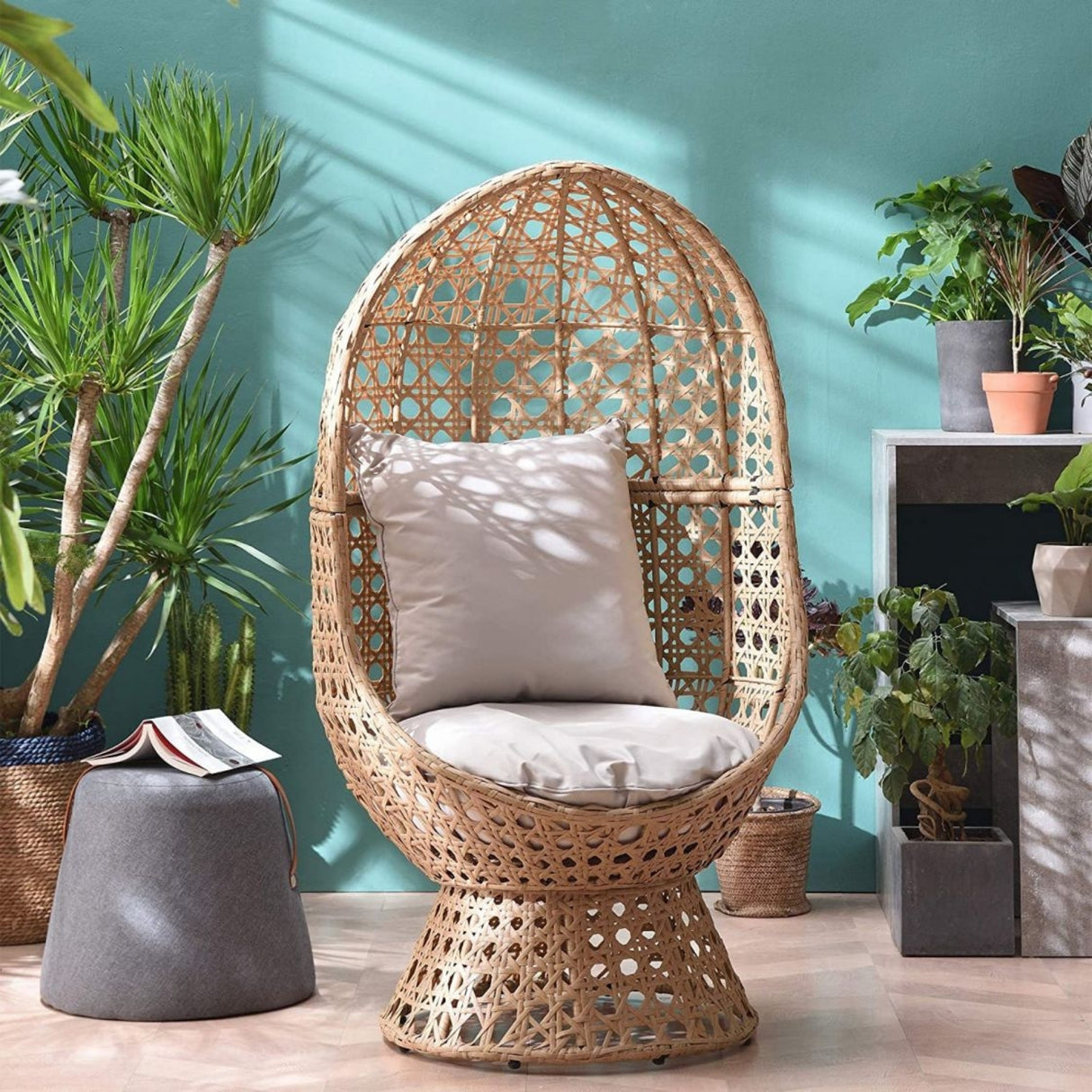 Outdoor Beige Rattan Wicker Cocoon Chair