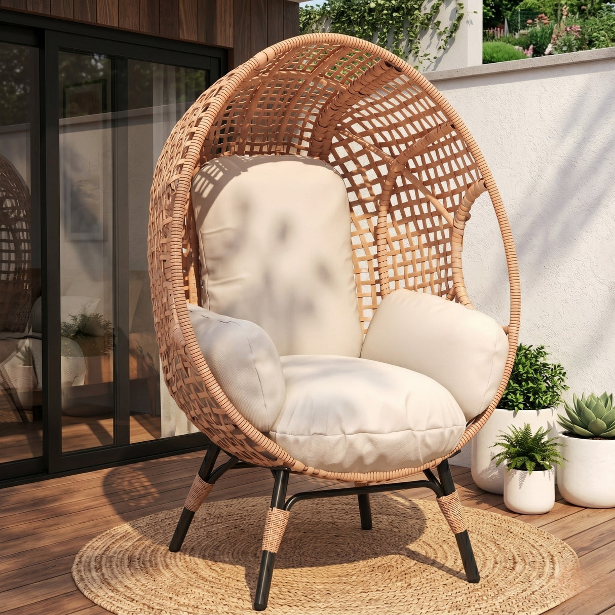 Outdoor Wicker Egg Chair with Cushions (Beige)