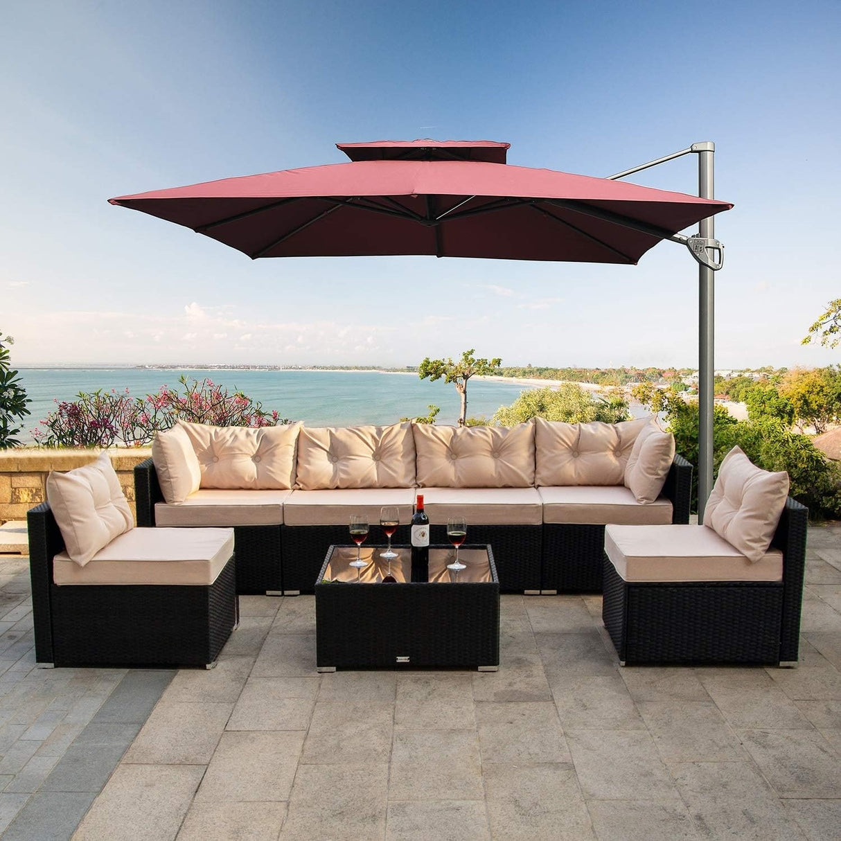 6-Seater Outdoor Garden Conversation Sofa Set (Dark Brown & Cream)