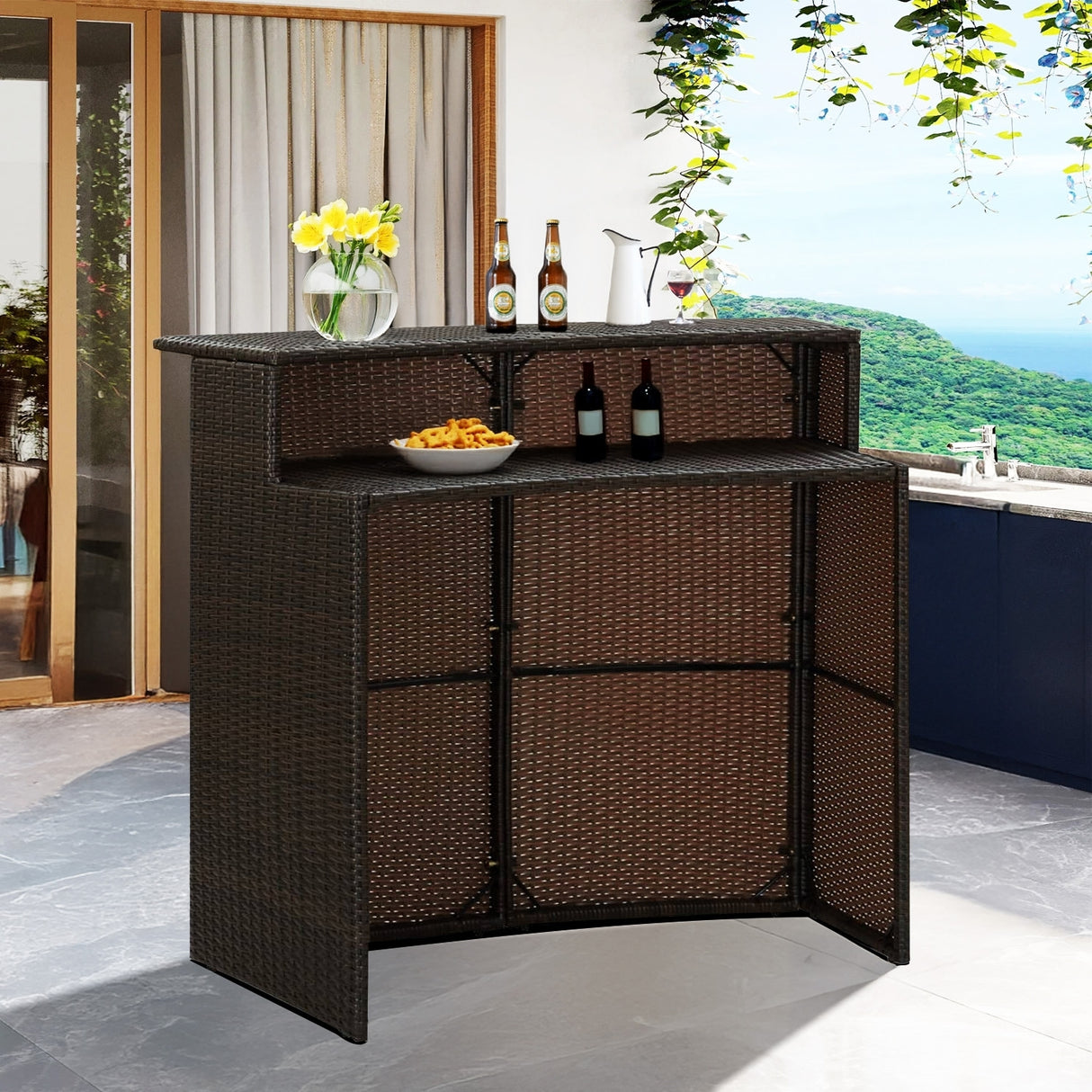 Outdoor Rattan Wicker Bar Table With a High-Top Design & Integrated Storage Shelf