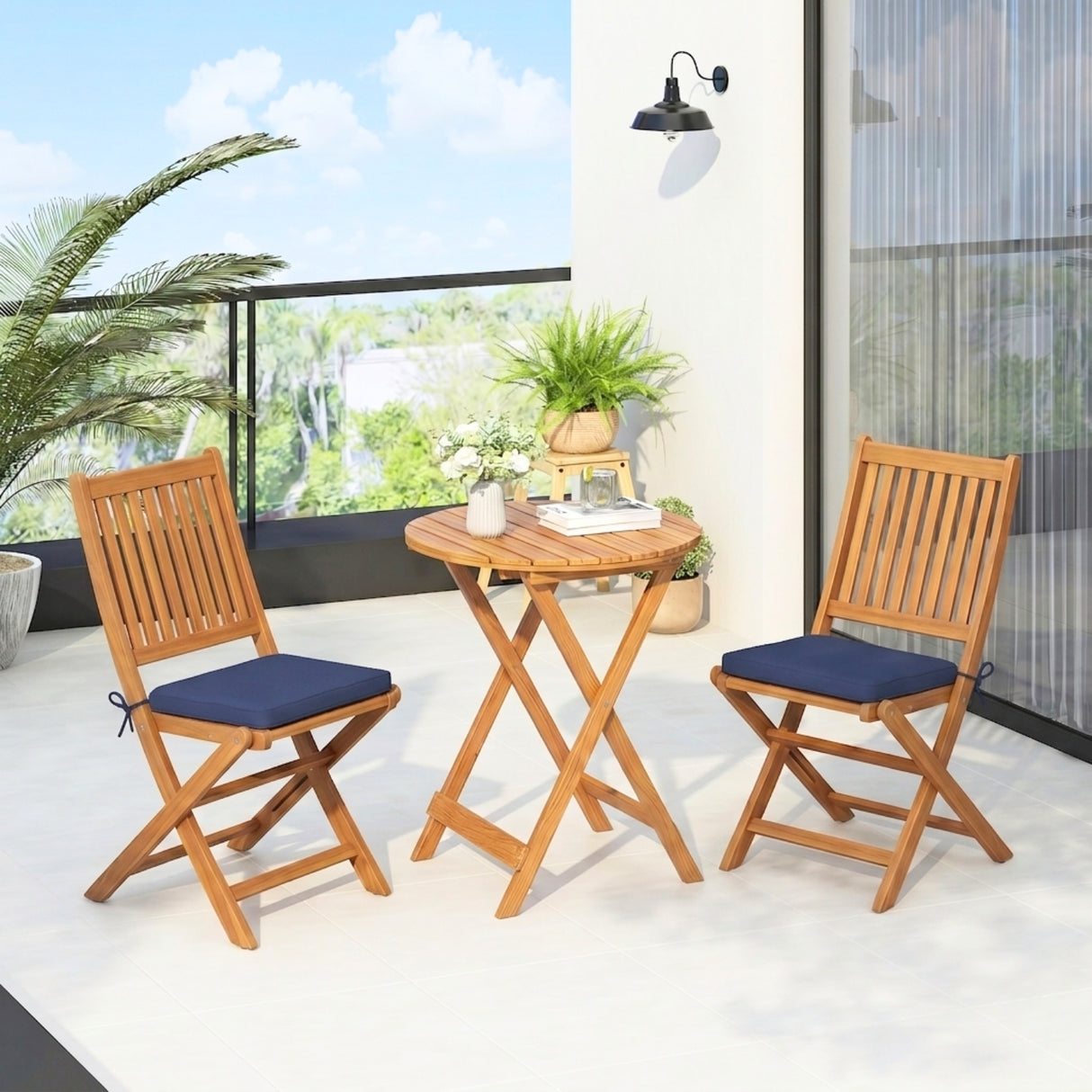 Acacia Wood Foldable Outdoor Bistro Set – 2 Chairs & Round Table