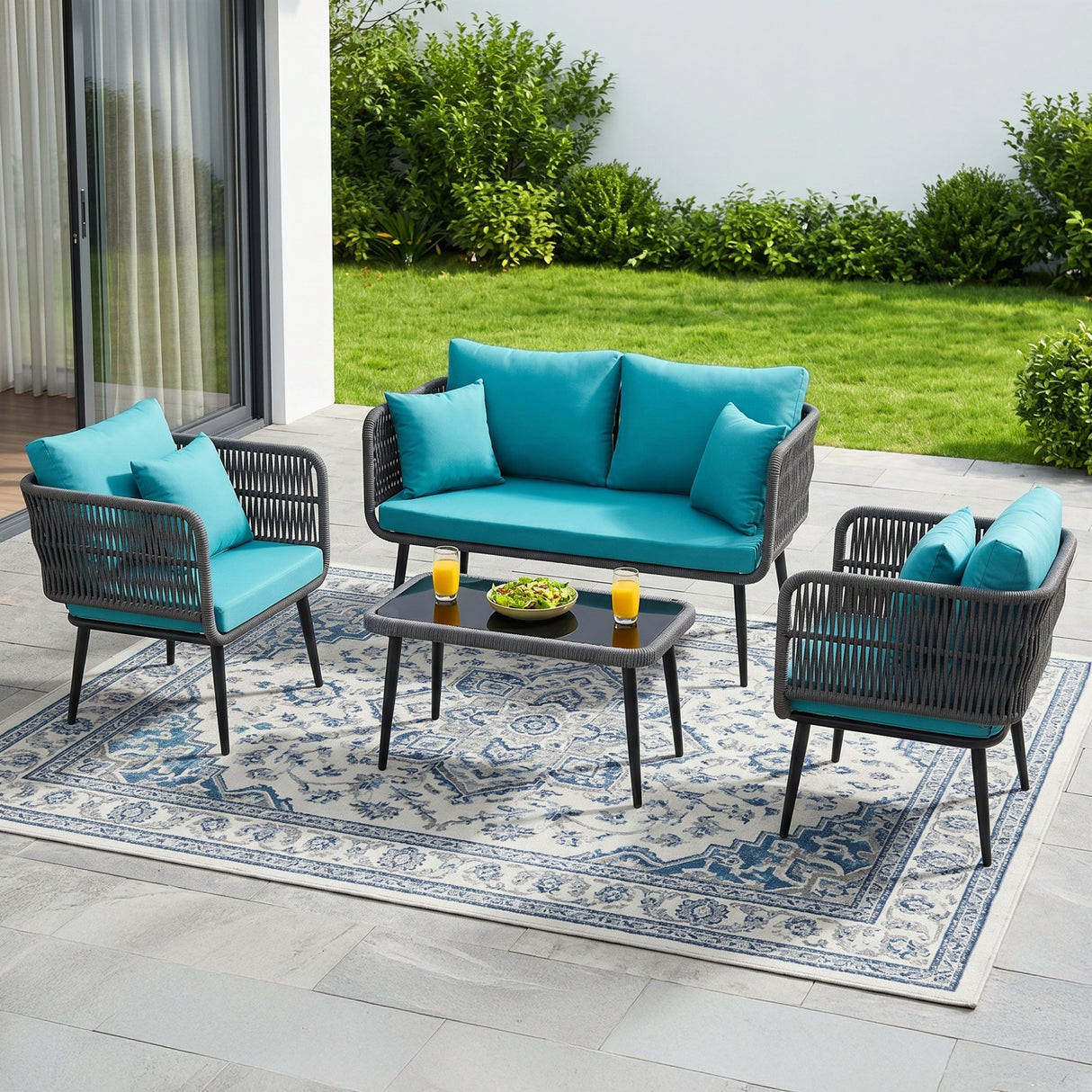 Outdoor Rope 4 Seater Conversation Furniture Set (Grey & Sky-Blue)