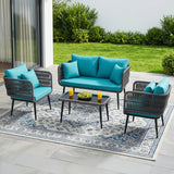 Outdoor Rope 4 Seater Conversation Furniture Set (Grey & Sky-Blue)