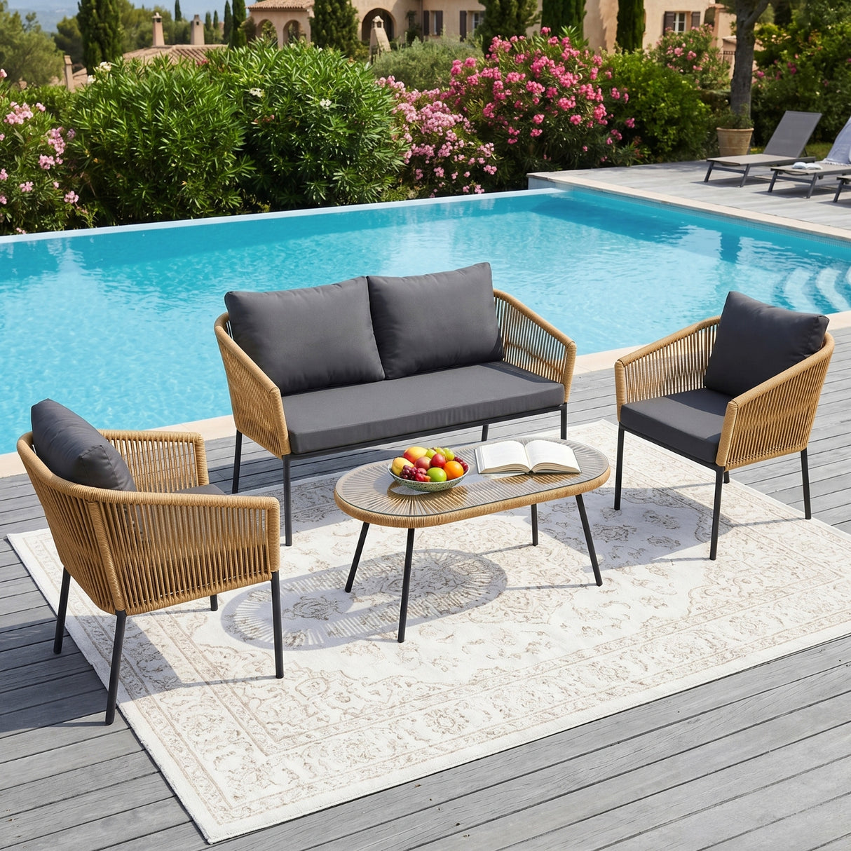 Outdoor 4 Seater Rope Conversation Sofa Set (Beige & Dark Grey)