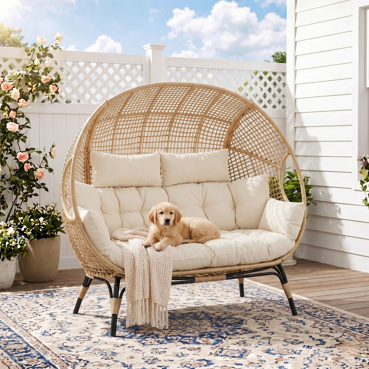 Outdoor Rattan Wicker Double Seater Egg Chair (Beige & Cream)