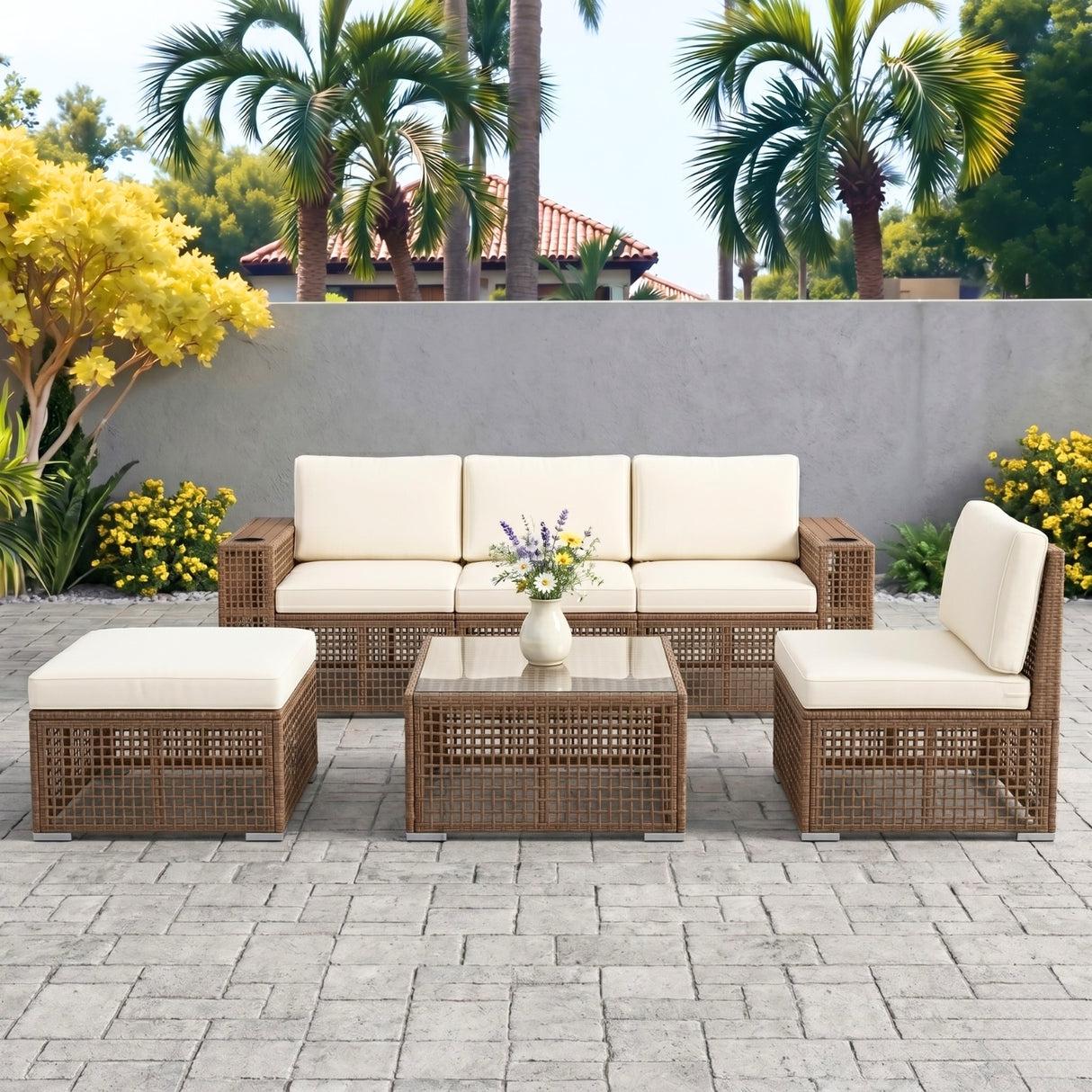 Outdoor Rattan Wicker Patio Conversation Furniture Set (Dark Brown & Cream)