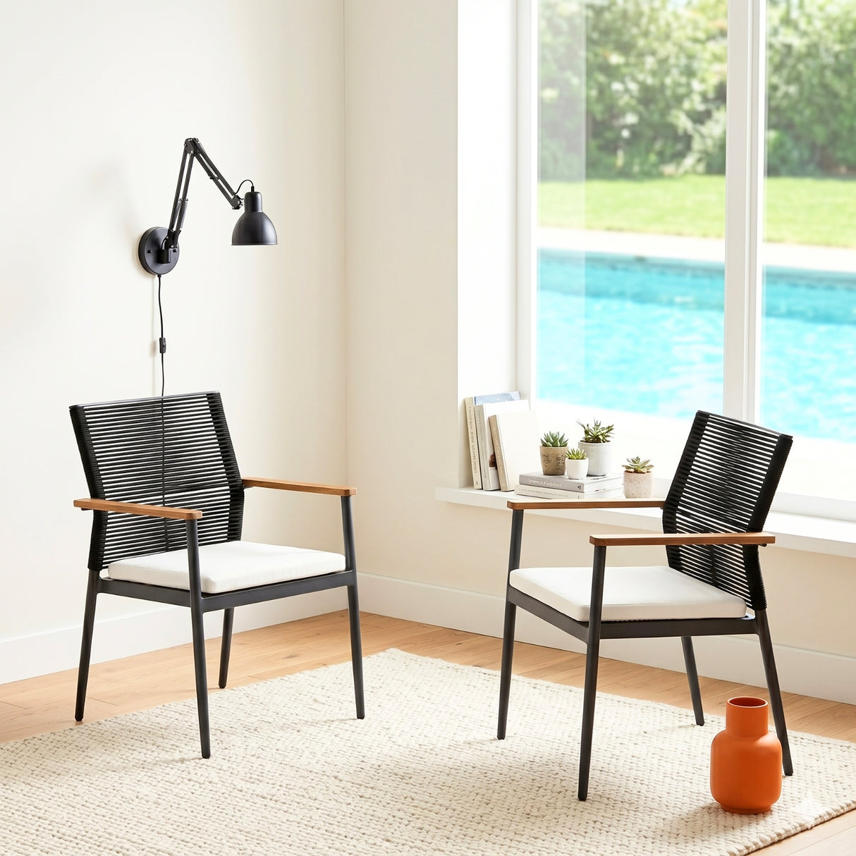 Modern Outdoor Rope Chairs with Wooden Armrests & Cushions (Black & White)