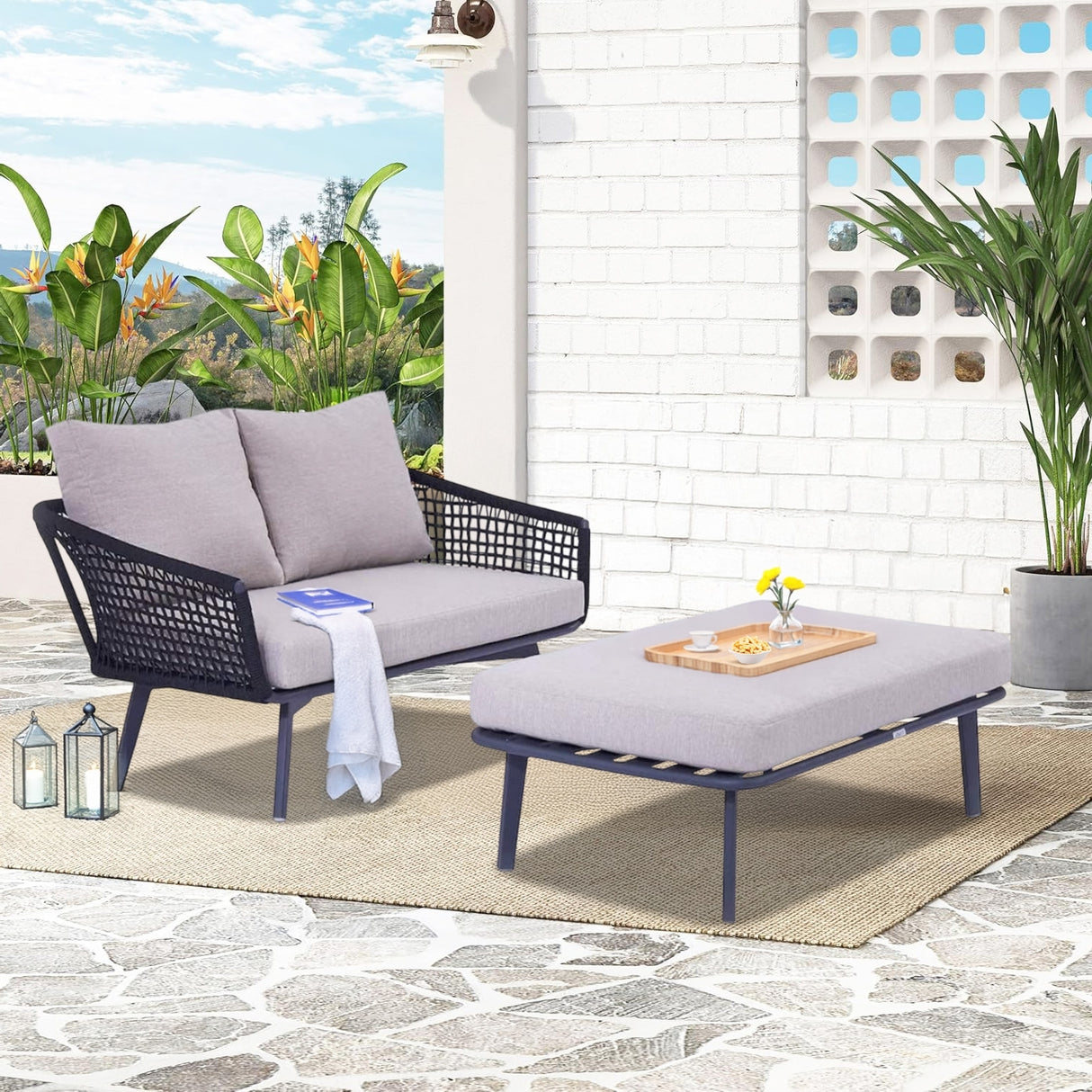 2-Piece Outdoor Rope Loveseat Sofa With Ottoman