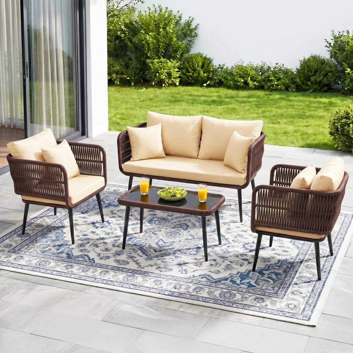 Outdoor Rope 4 Seater Conversation Furniture Set (Brown & Cream)