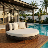 Outdoor All-Weather Rattan Wicker Round Daybed (Dark Brown & Cream)