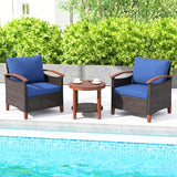 3-Piece Outdoor Wicker Patio Conversation Set (Dark Brown & Blue)