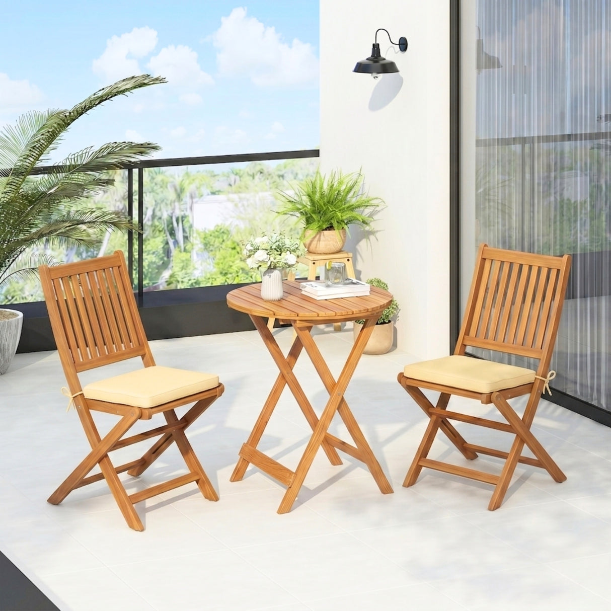 Acacia Wood Foldable Outdoor Bistro Set – 2 Chairs & Round Table