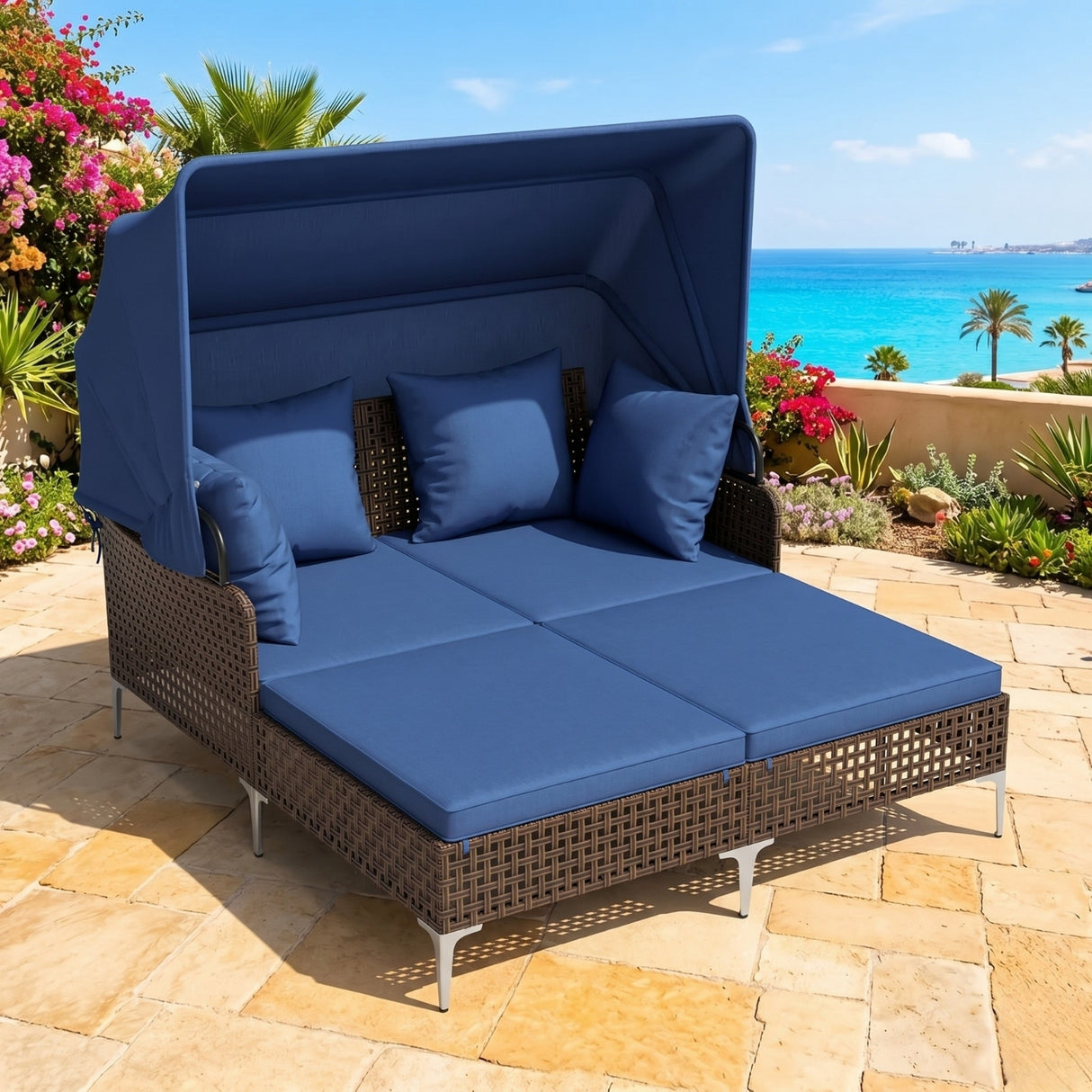Luxury Outdoor Rattan Wicker Daybed with Canopy & Cushions
