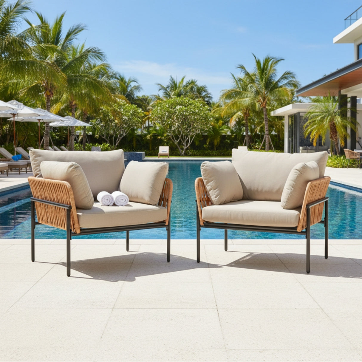Outdoor Rope 2-Piece Single Seater Sofa (Beige & Cream)