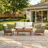 Outdoor Rope 4-Piece Patio Sofa Set with Wooden Legs & Coffee Table