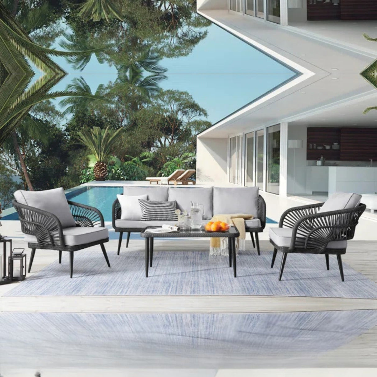 Outdoor Rope Conversation Patio Sofa Set (Black /Light Grey)