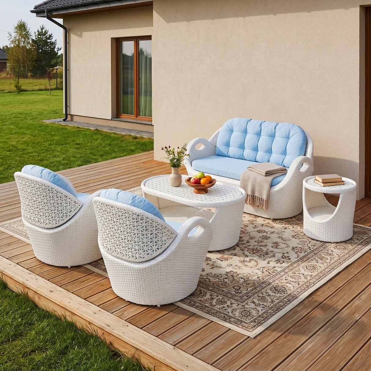 4-Seater Modern Design Outdoor Patio Furniture Set (White & Sky-blue)