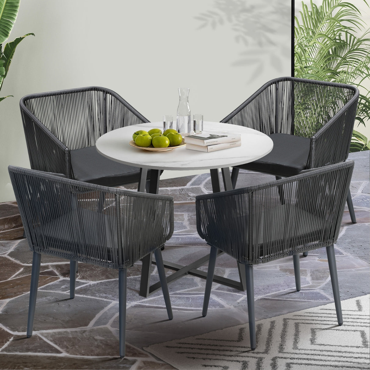 5-Piece Outdoor Patio Dining Set with Rope Chairs & Marble-Top Table