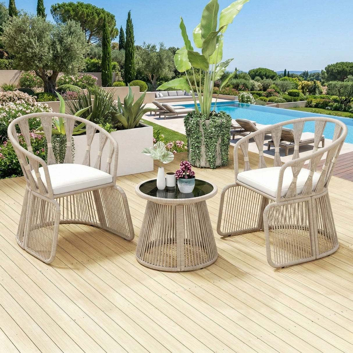 Outdoor Rope 3-Piece Patio Set (Beige & Off-White)